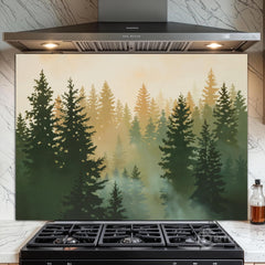 Misty Pine Forest Glass Backsplash – Nature-Inspired Kitchen Wall Art
