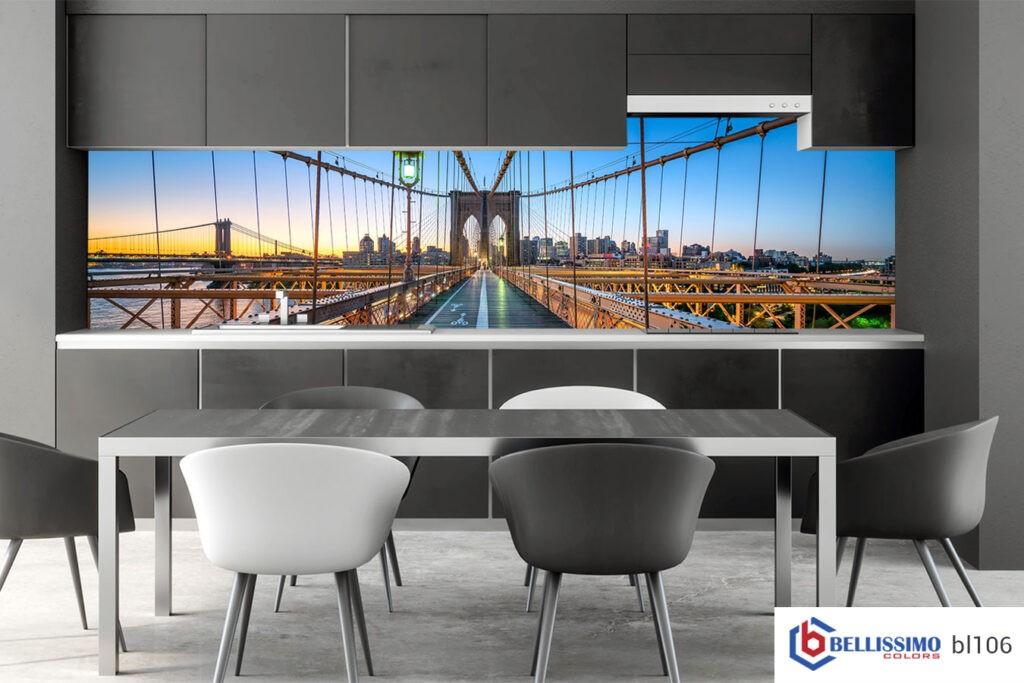 Brooklyn Bridge glass backsplash Modern kitchen interior