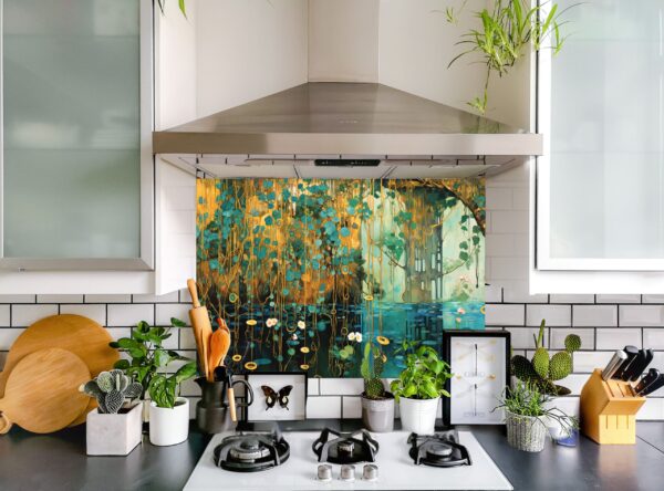 Abstract rough colorful multicolored gold yellow green art painting 5/32″ kitchen glass backsplash - Image 7