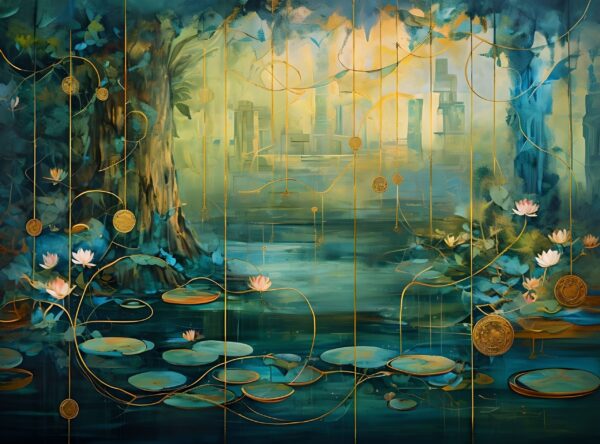 Abstract Aquatic Scene Featuring Tranquil Lily Pads And Vines - Image 7