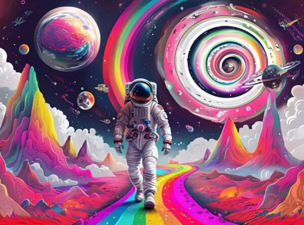 Astronaut Walking On Rainbow Path Through Alien Landscape - Image 7