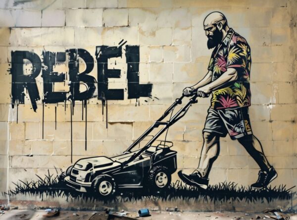 Bold Mural Depicting A Bearded Man Mowing Grass - Image 7