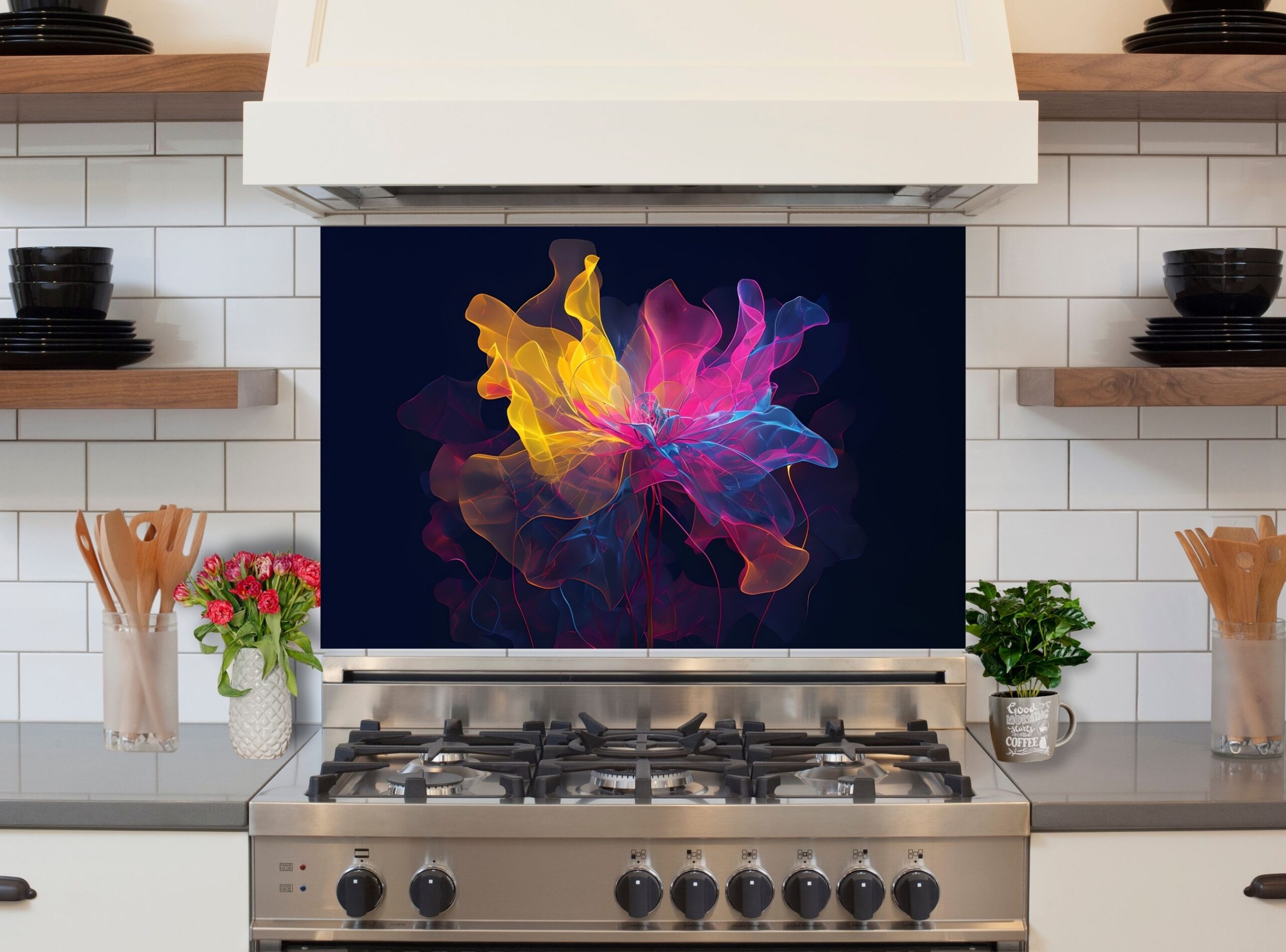 Vibrant Neon Floral Art Against Deep Midnight Blue Background - Image 6