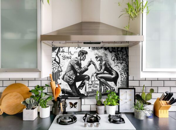 Black-and-white Mural Illustrating Proposal Scene with Urban Graffiti - Image 5