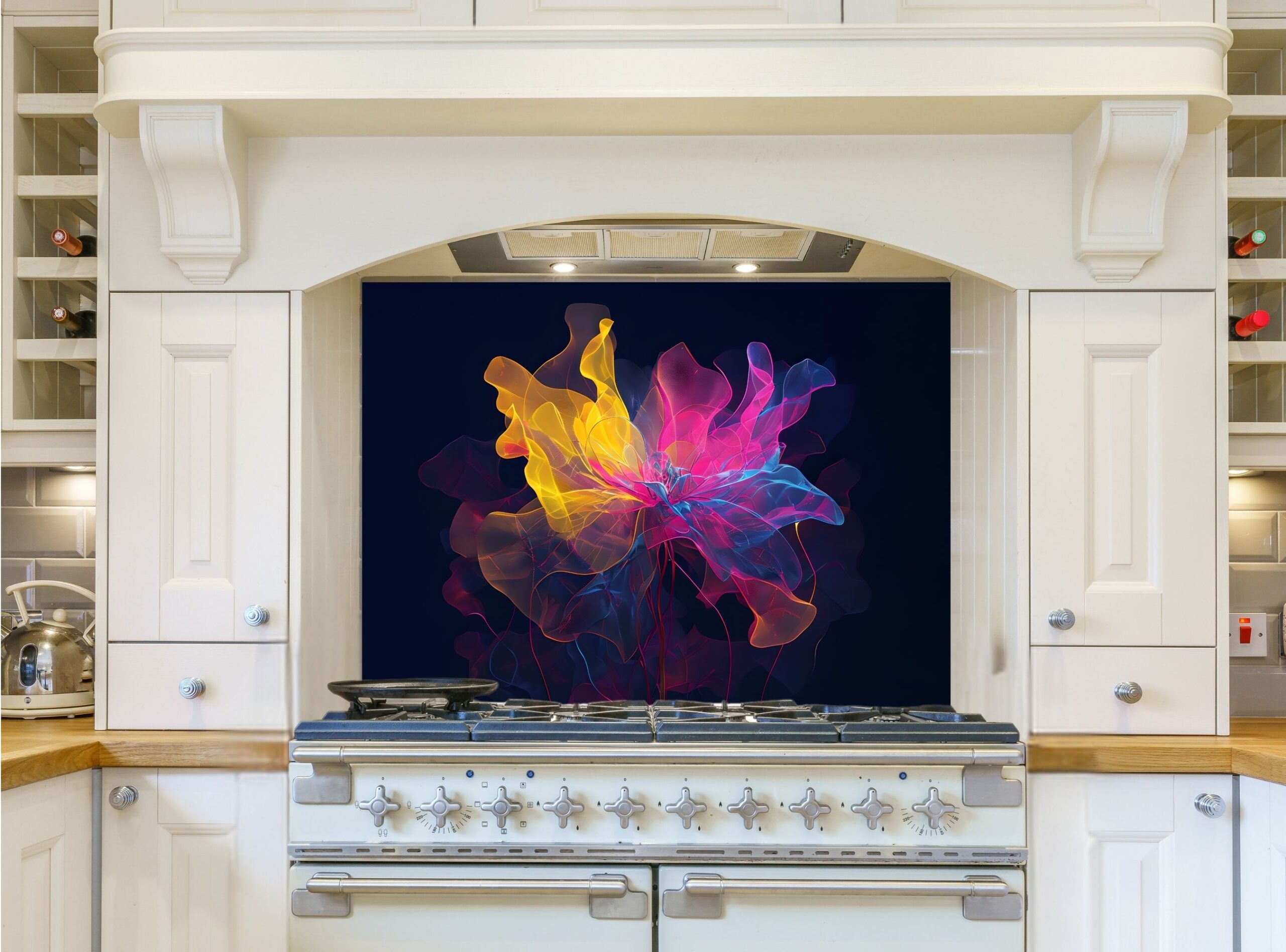 Vibrant Neon Floral Art Against Deep Midnight Blue Background