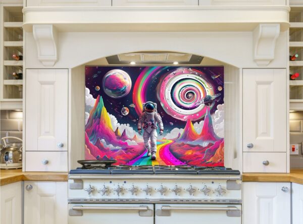 Astronaut Walking On Rainbow Path Through Alien Landscape