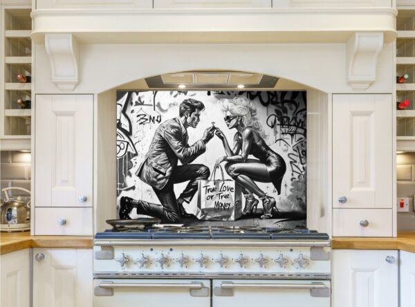 Black-and-white Mural Illustrating Proposal Scene with Urban Graffiti