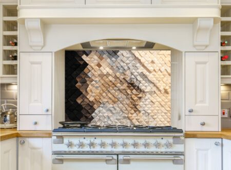 Intricate Wooden Mosaic Wall Art Featuring Triangular Tiles