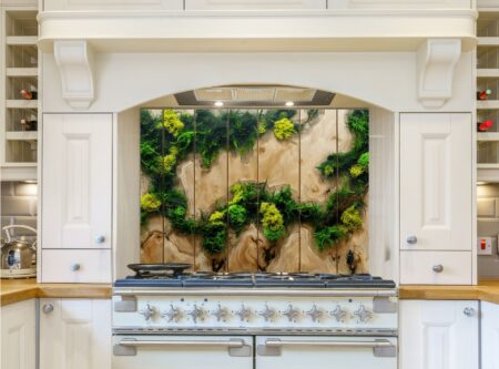 Top-Down View Of Artistic Wood Panel With Moss And Ferns