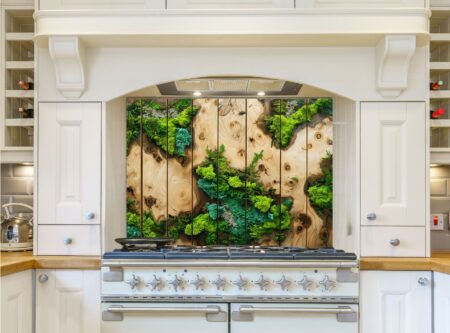 Top-Down View Of Artistic Wooden Panel With Greenery