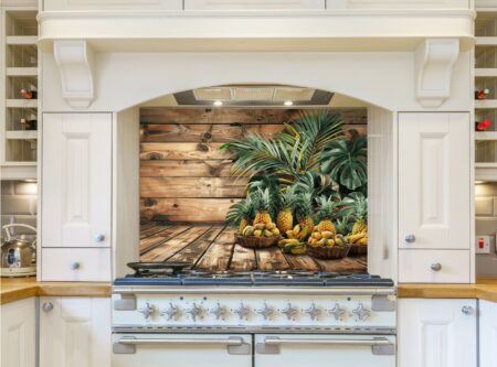 Tropical Fruit Baskets Arranged On Polished Wooden Surface