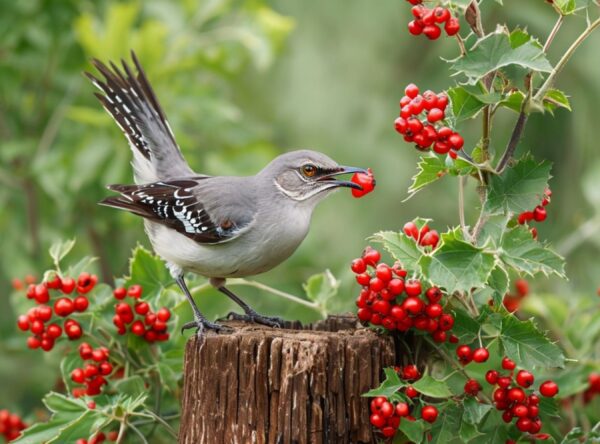 Bird Perched On Weathered Stump With Red Berries - Image 11