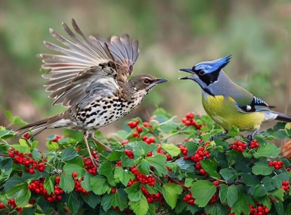 Birds Interacting Amidst Berries and Lush Green Foliage - Image 11