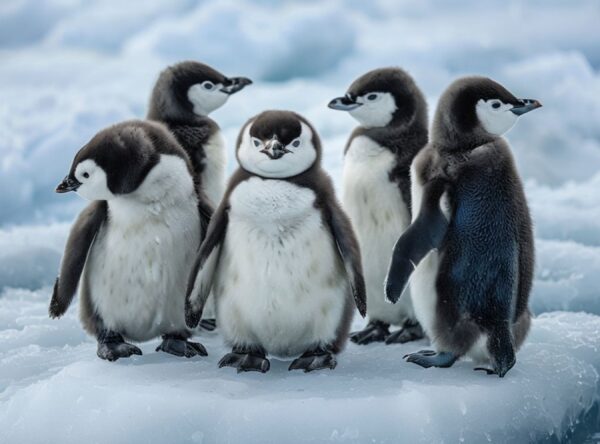 Five Baby Penguins Playfully Stand On Snowy Ice - Image 11