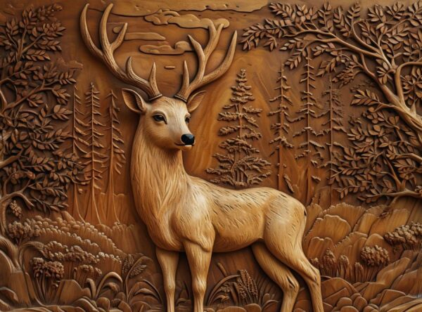 Serene Relief Carving Of Woodland Scene With Deer - Image 11