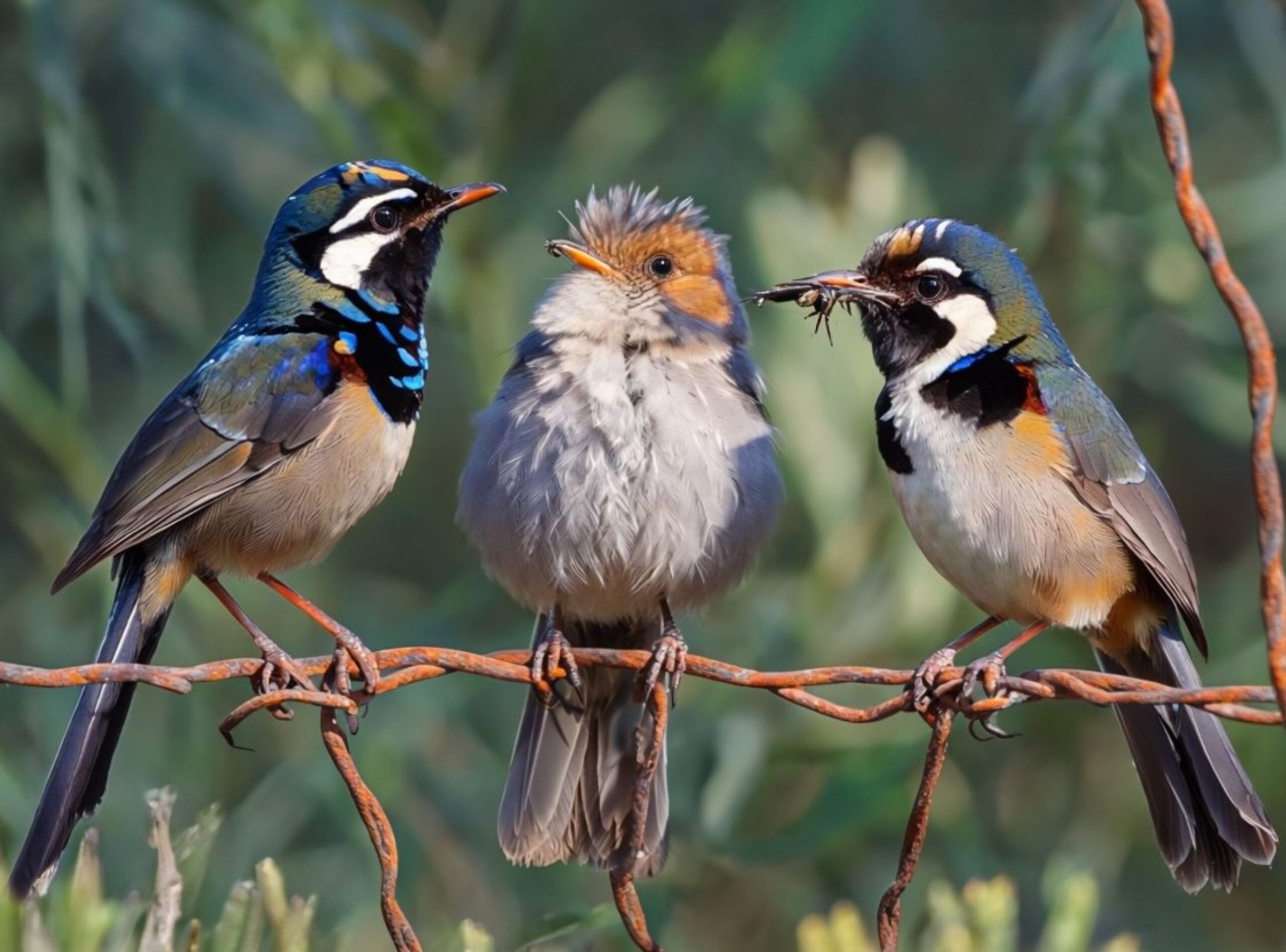 Three Colorful Birds Perched On A Twisted Wire Fence - Image 11