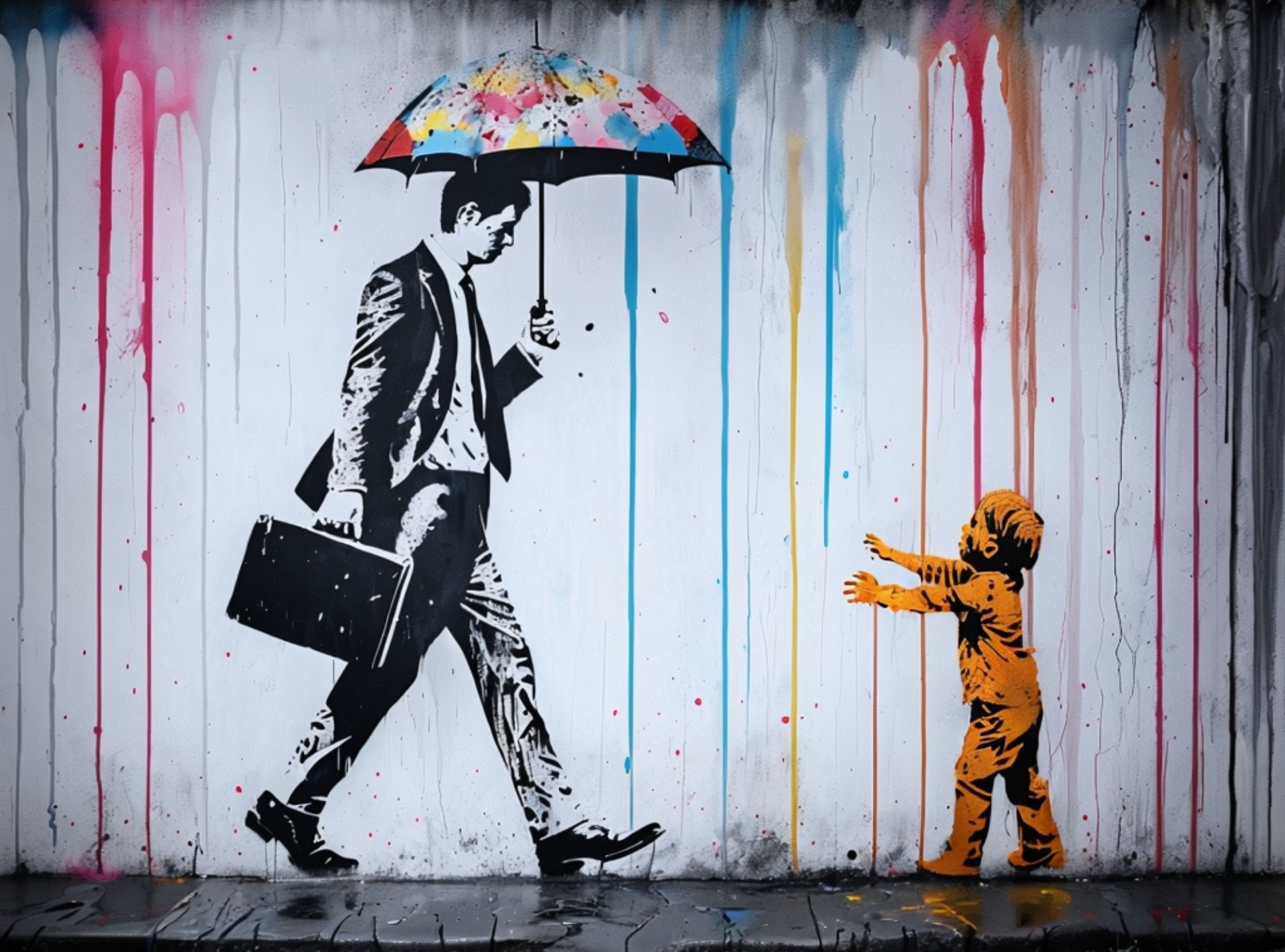 Stencil Mural Featuring Man And Child In Colorful Splatters