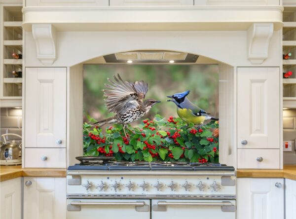 Birds Interacting Amidst Berries and Lush Green Foliage