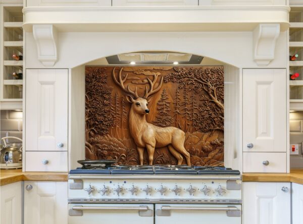 Serene Relief Carving Of Woodland Scene With Deer - Image 7