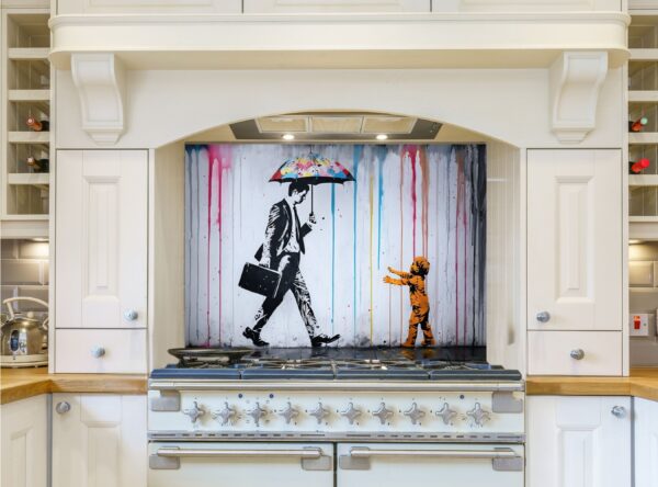 Stencil Mural Featuring Man And Child In Colorful Splatters - Image 4