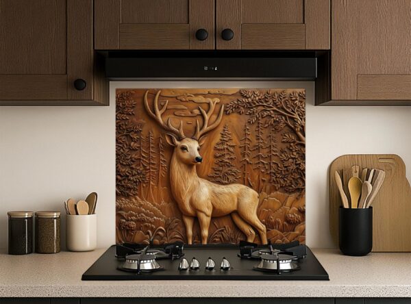 Serene Relief Carving Of Woodland Scene With Deer - Image 5
