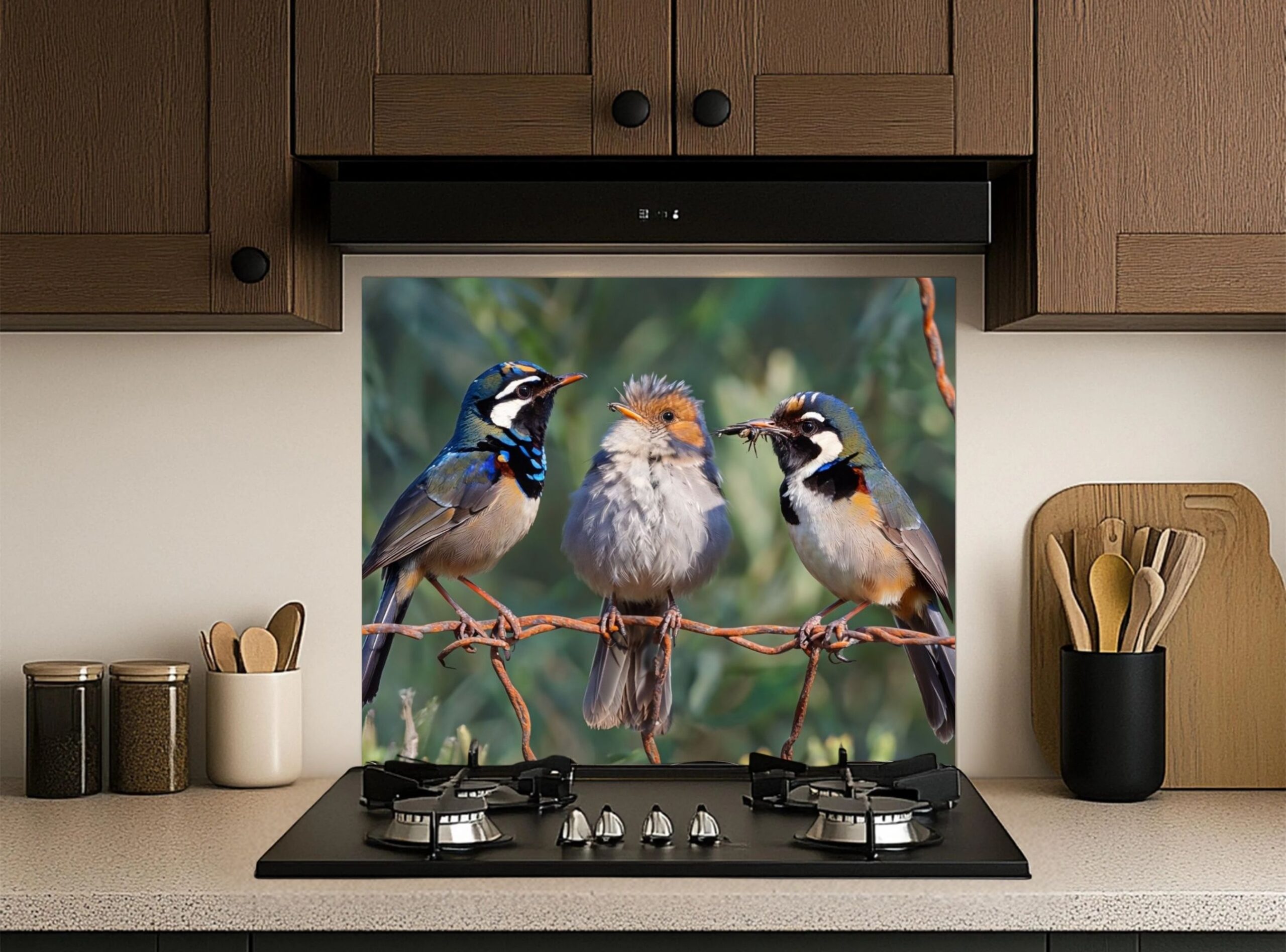 Three Colorful Birds Perched On A Twisted Wire Fence - Image 5