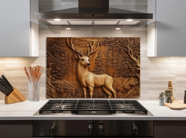 Serene Relief Carving Of Woodland Scene With Deer - Image 4