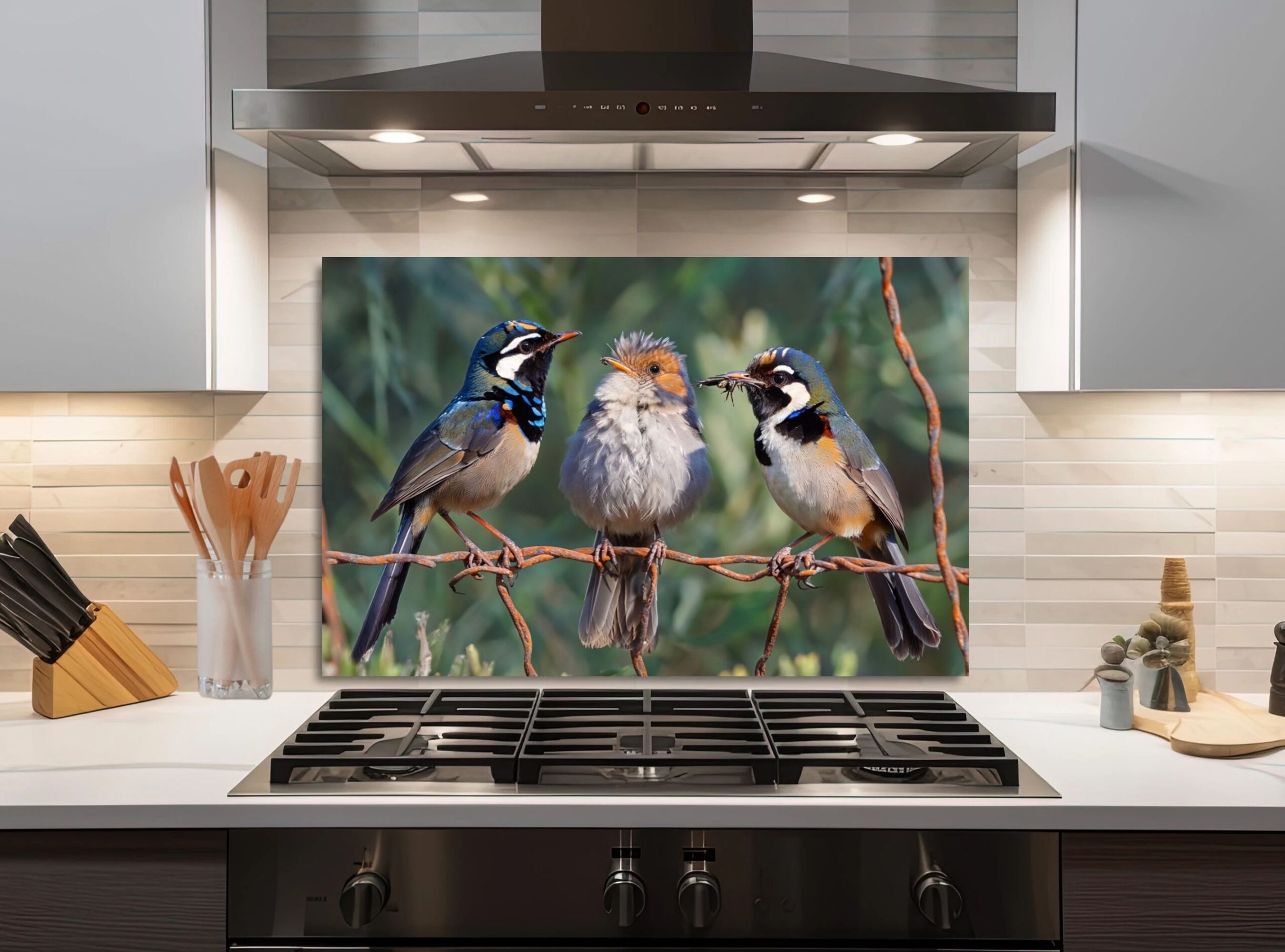 Three Colorful Birds Perched On A Twisted Wire Fence - Image 4