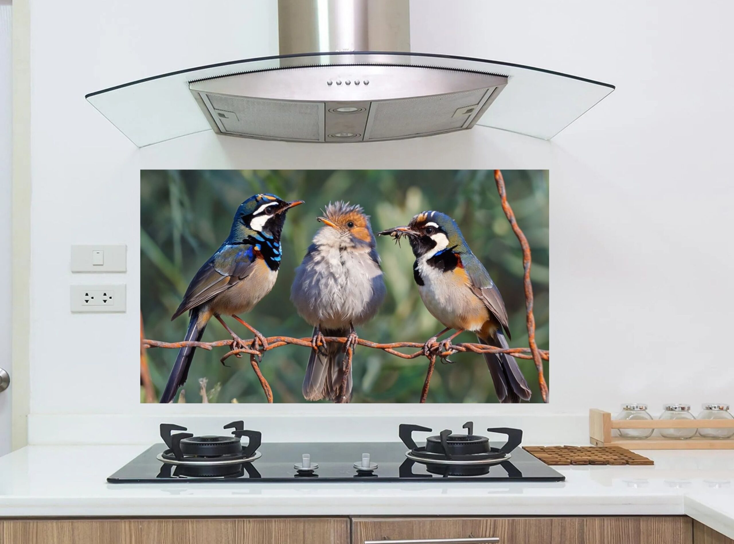 Three Colorful Birds Perched On A Twisted Wire Fence